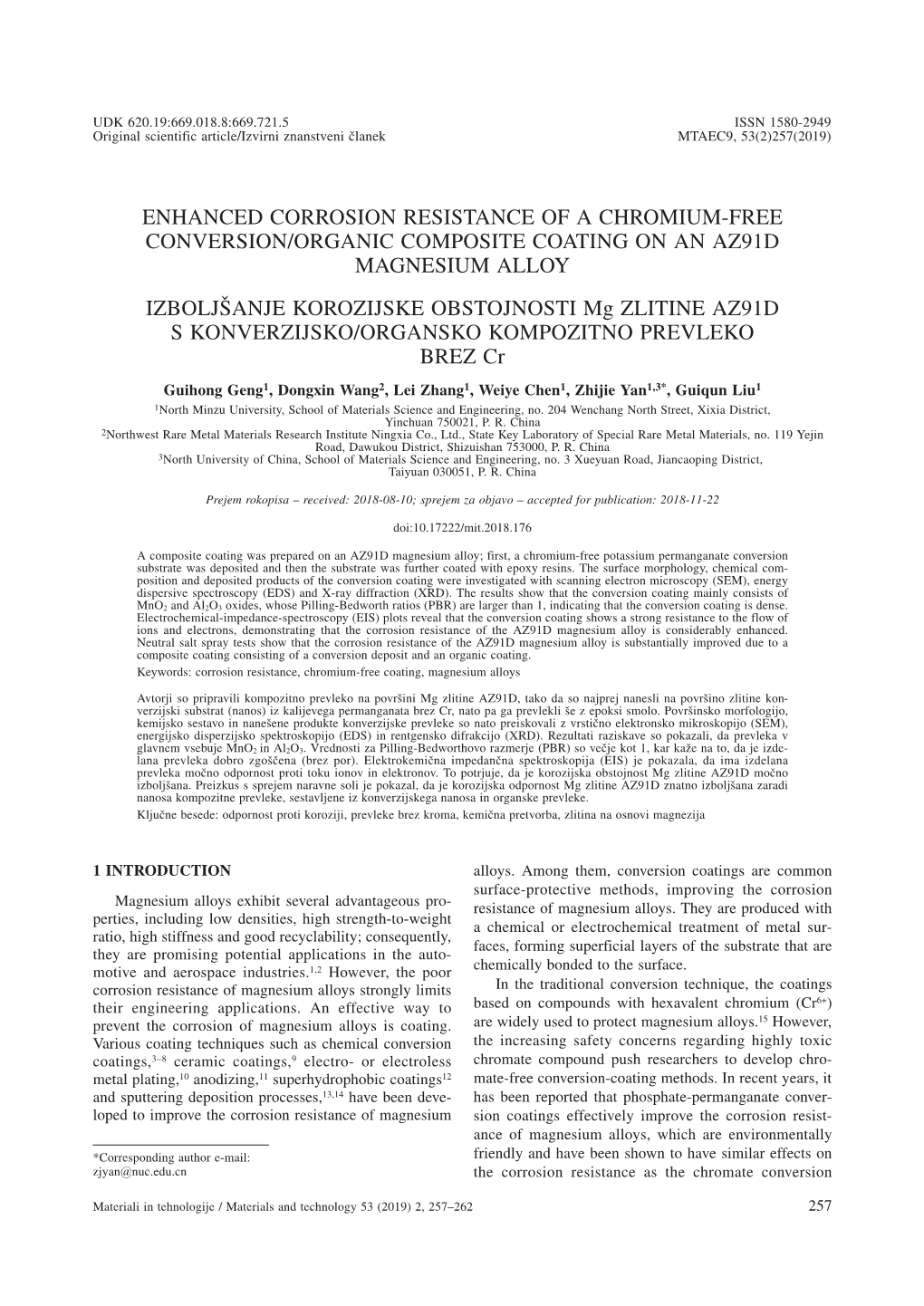 Enhanced Corrosion Resistance of a Chromium-Free Conversion/Organic