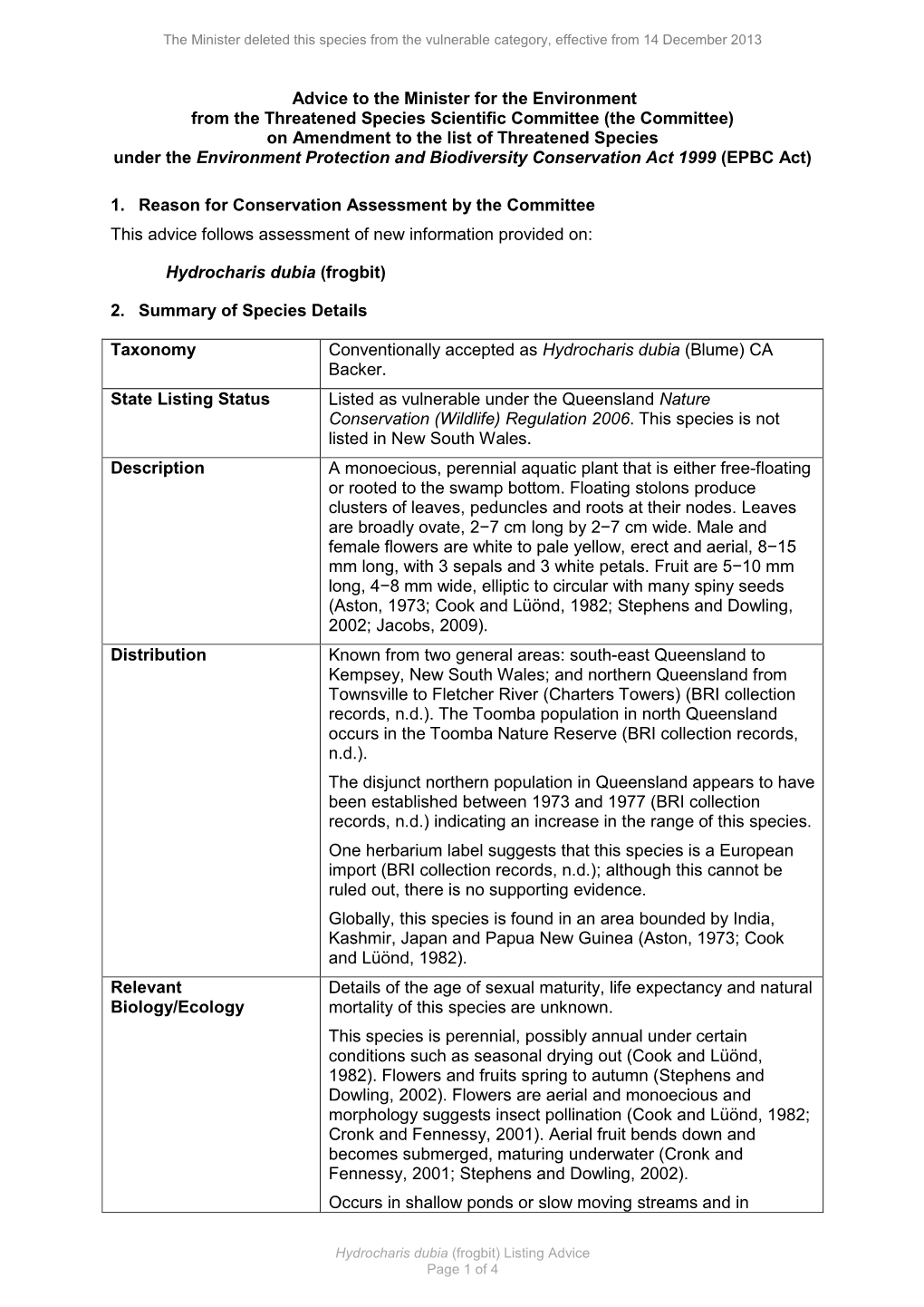 Hydrocharis Dubia-Listing Advice