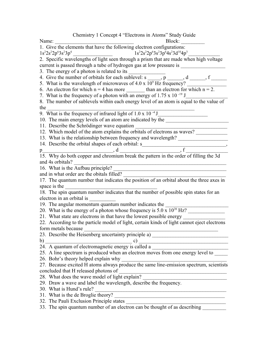 Chemistry 1 Concept 5 Electrons in Atoms Study Guide