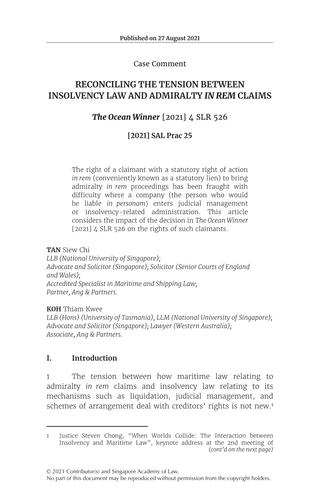 Reconciling the Tension Between Insolvency Law and Admiralty in Rem Claims