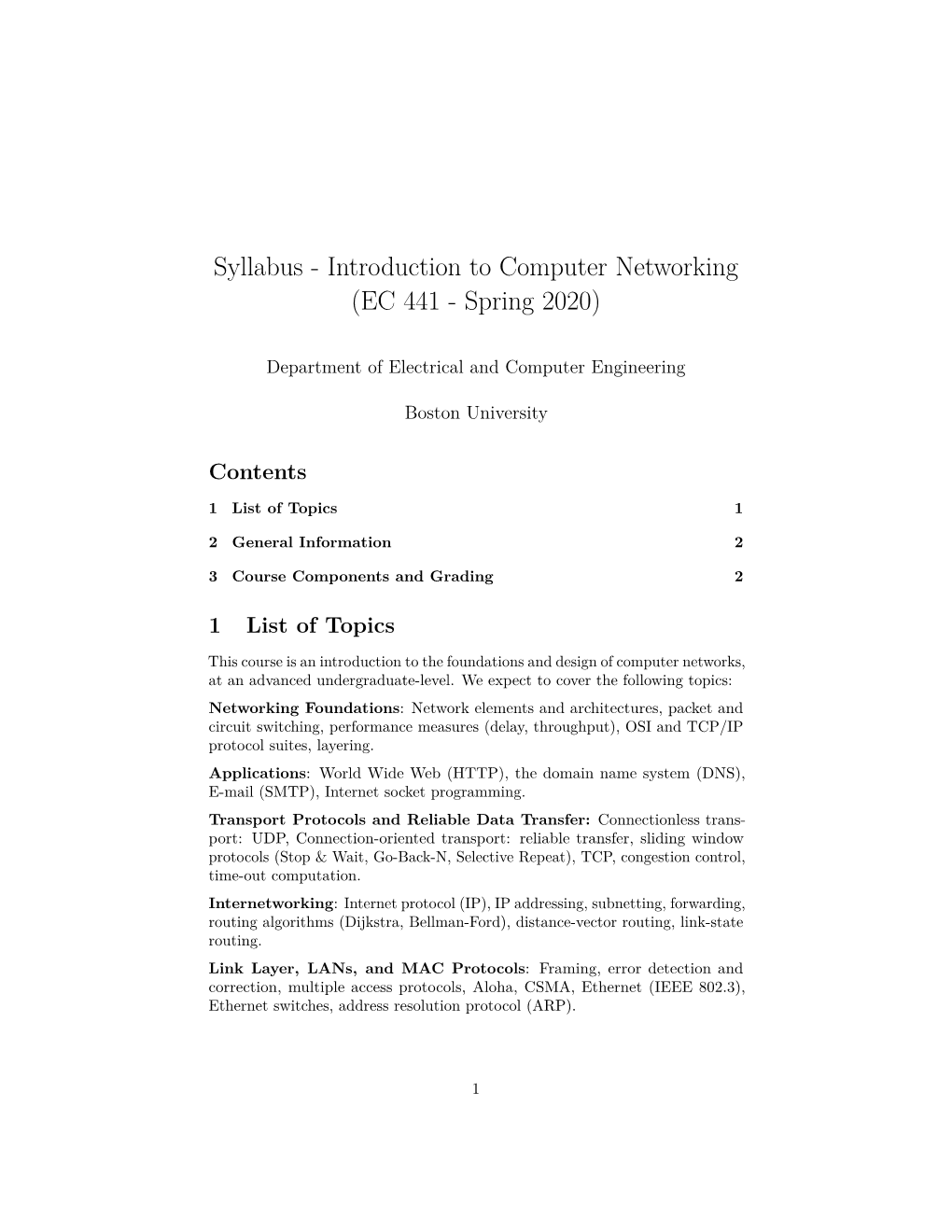 Syllabus - Introduction to Computer Networking (EC 441 - Spring 2020)
