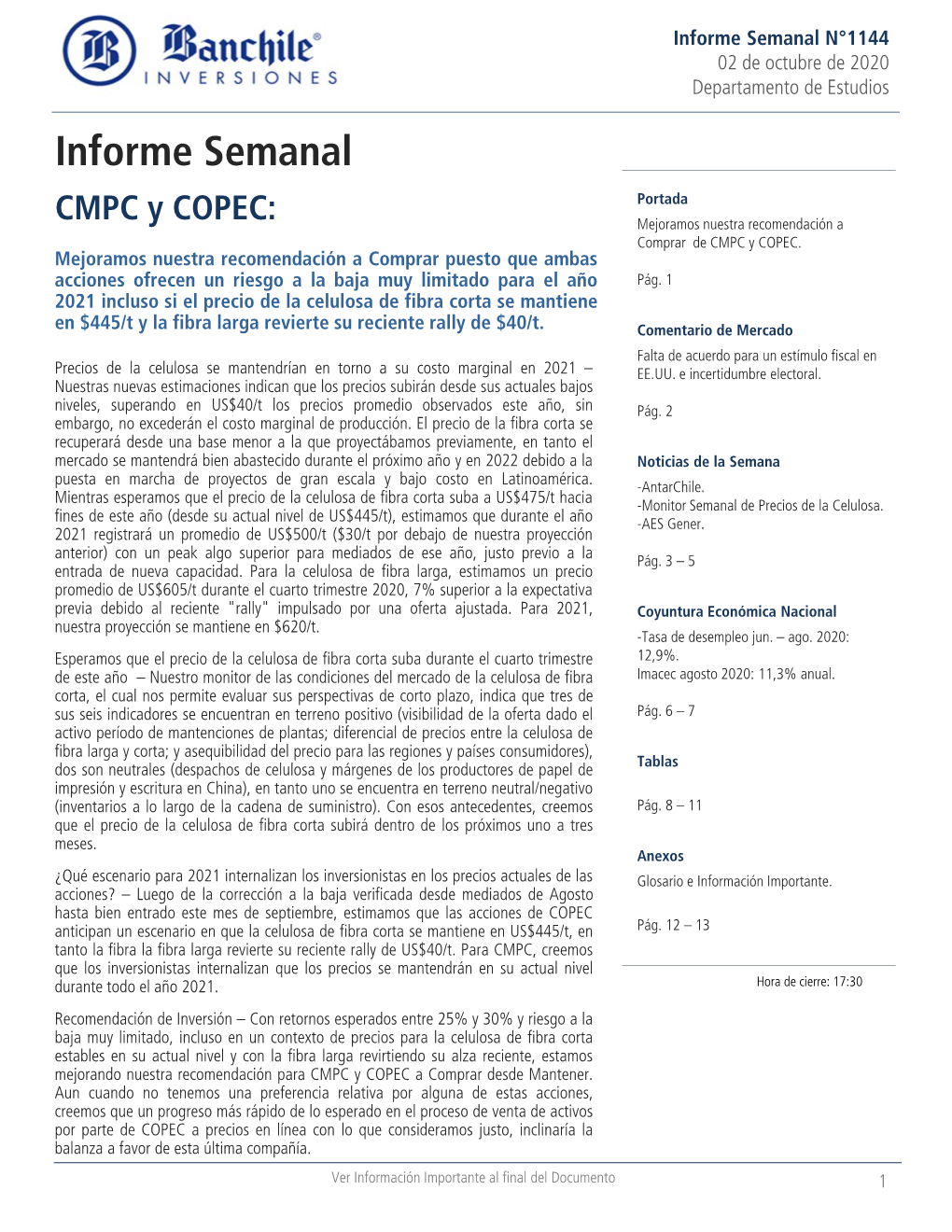 Informe Semanal N°1144 02 De Octubre De 2020 Departamento De Estudios Informe Semanal