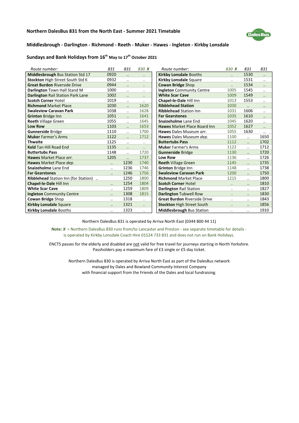 Northern Dalesbus 831 from the North East - Summer 2021 Timetable