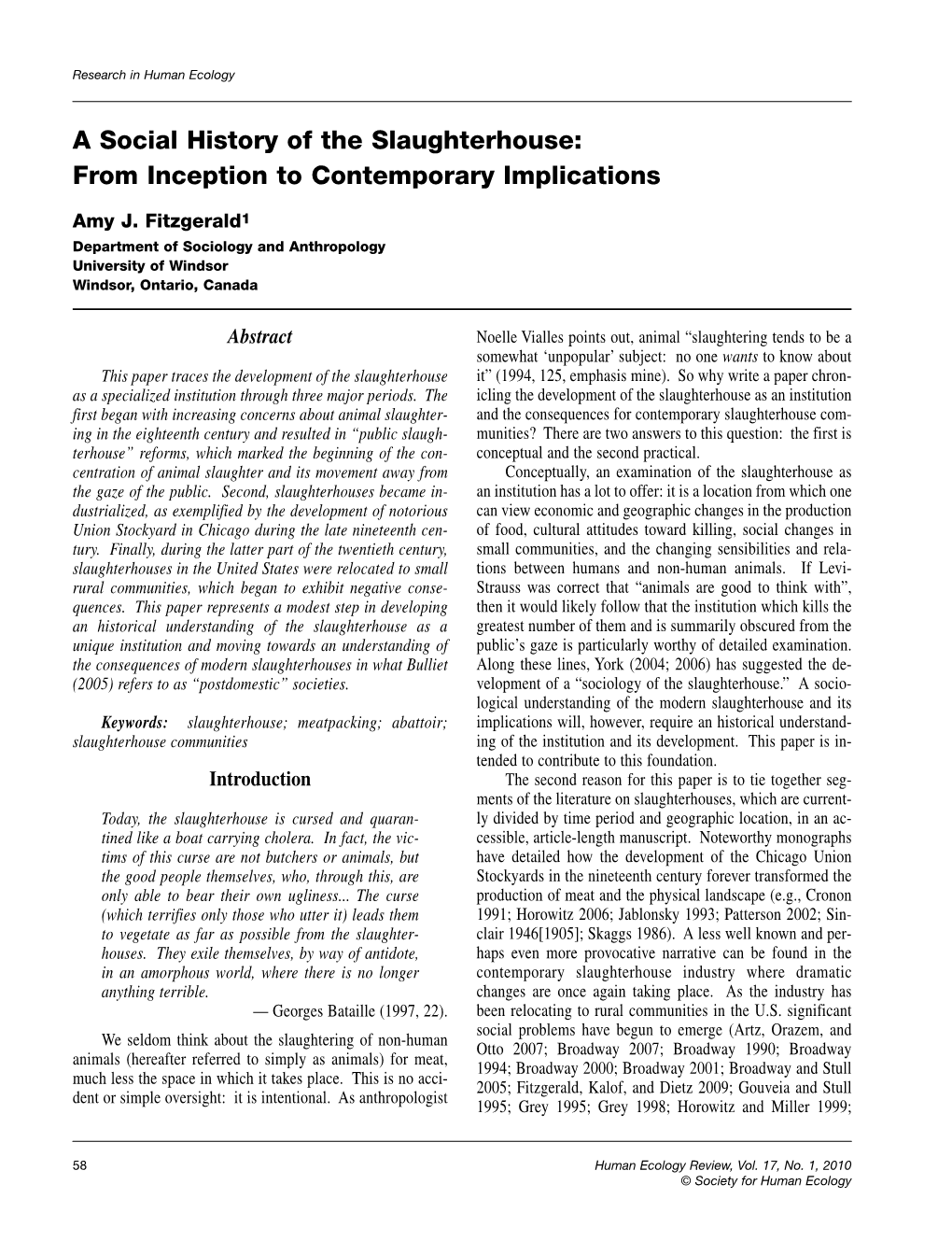 A Social History of the Slaughterhouse: from Inception to Contemporary Implications