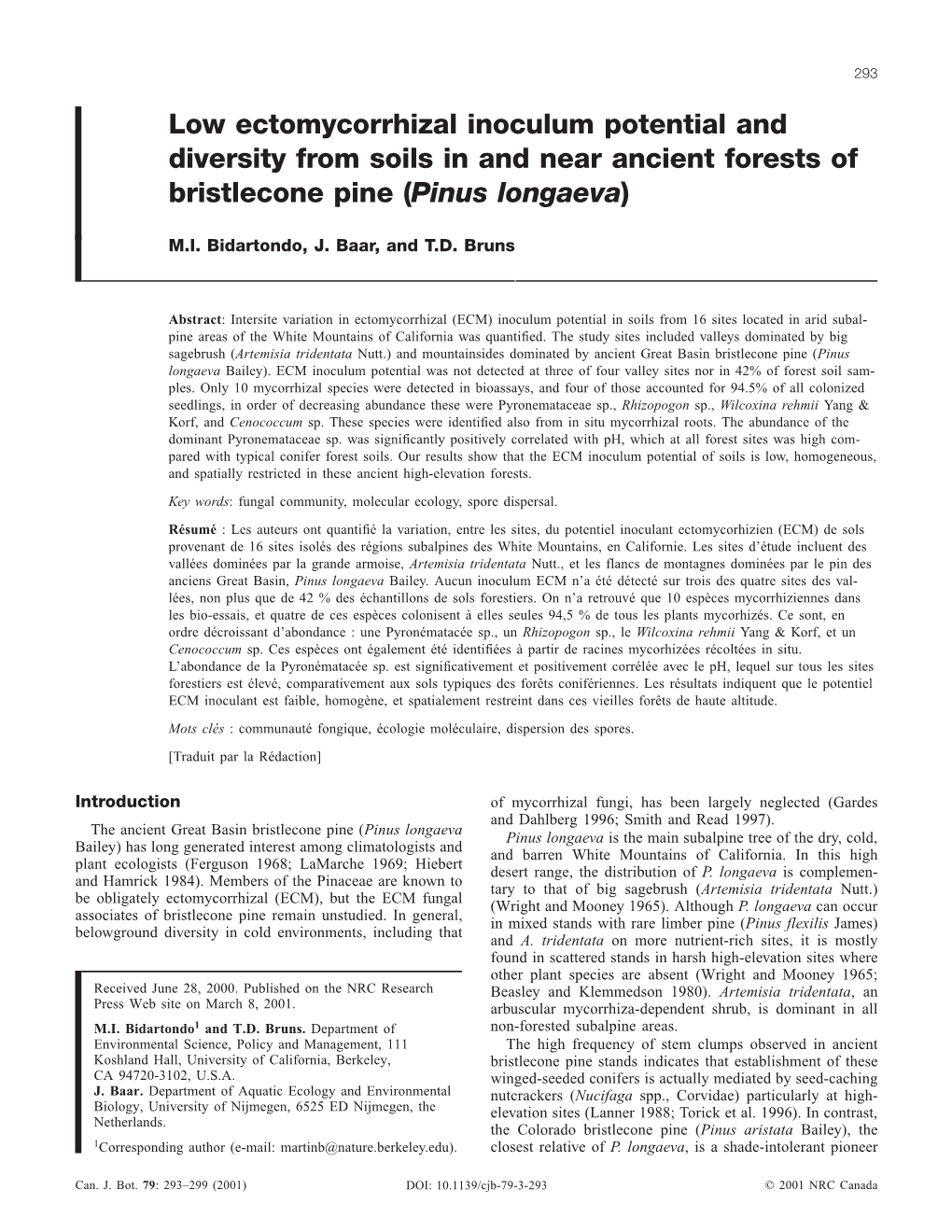 Low Ectomycorrhizal Inoculum Potential and Diversity from Soils in and Near Ancient Forests of Bristlecone Pine (Pinus Longaeva)