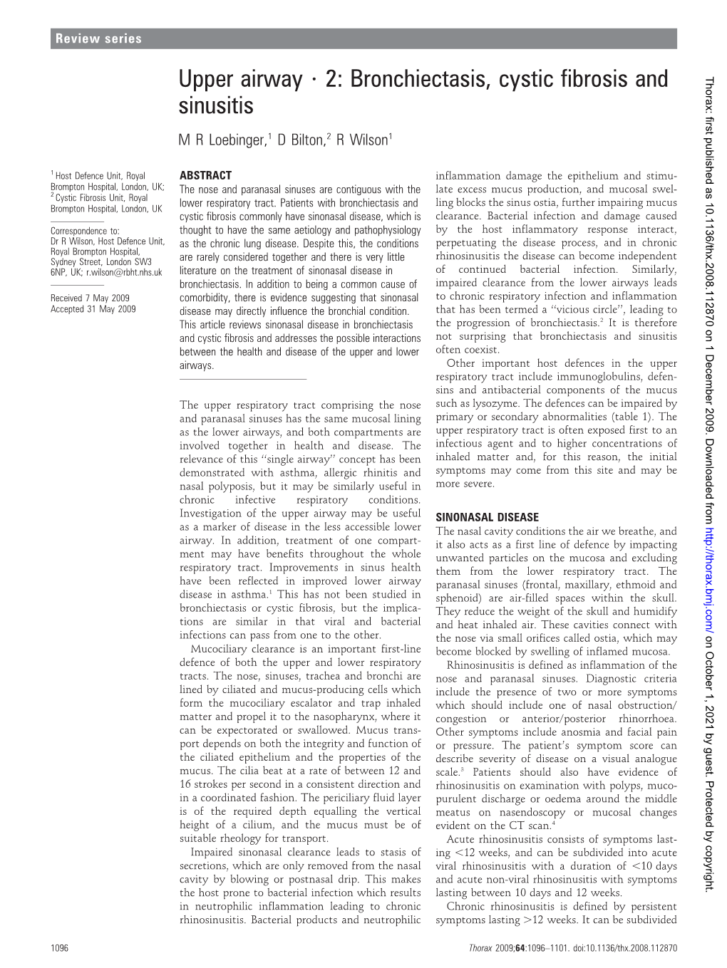 Upper Airway ? 2: Bronchiectasis, Cystic Fibrosis and Sinusitis