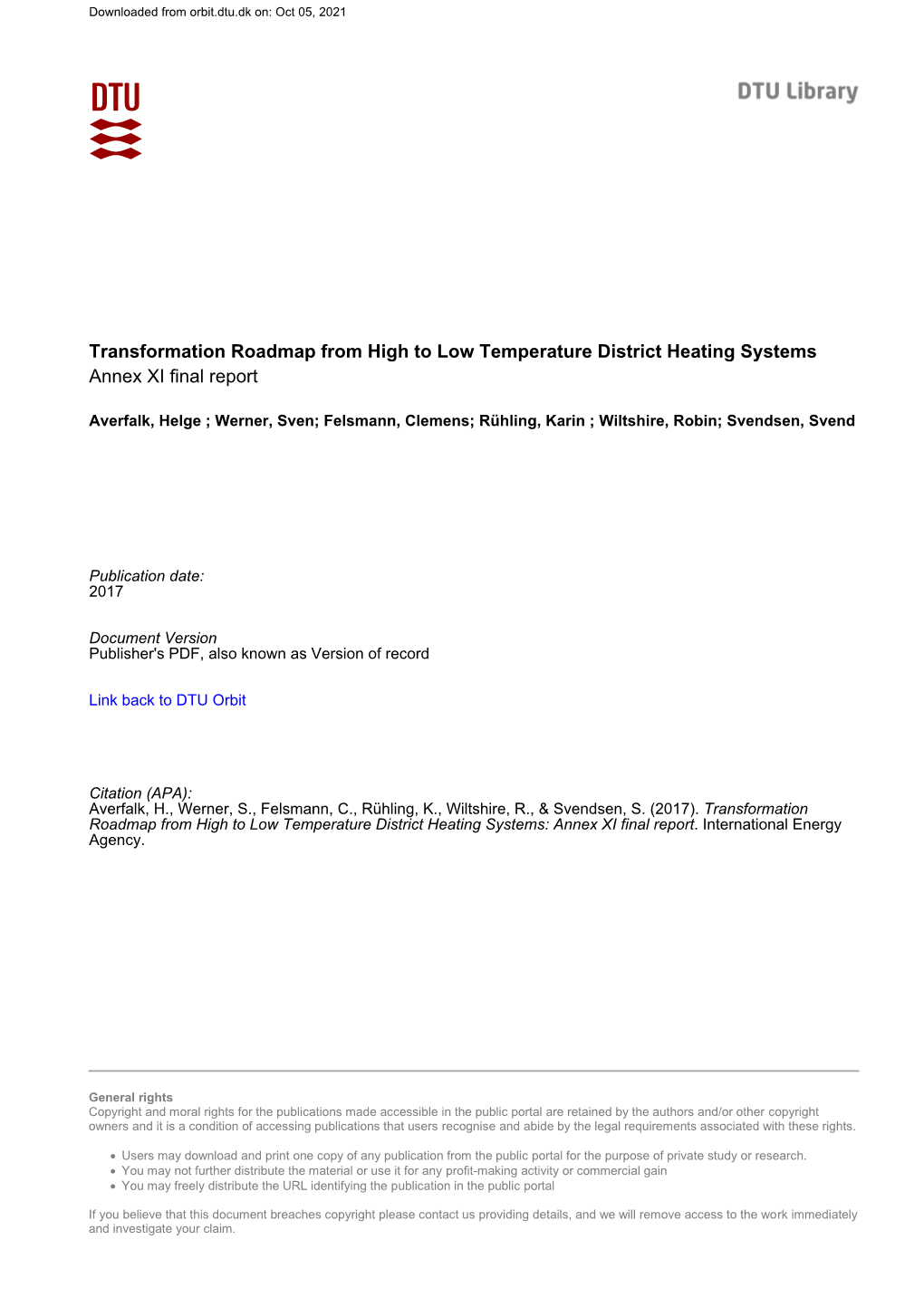 Transformation Roadmap from High to Low Temperature District Heating Systems Annex XI Final Report