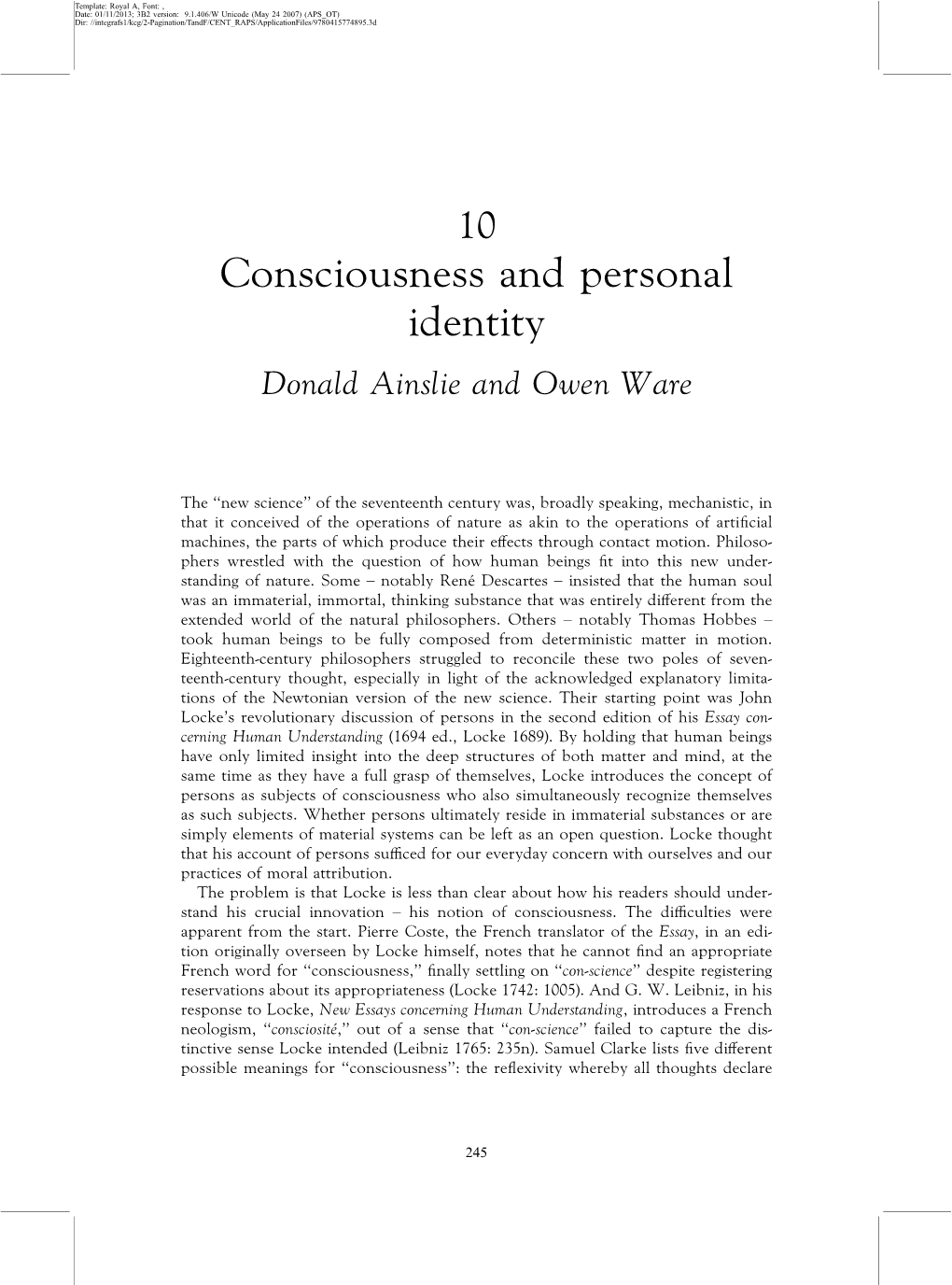 Consciousness and Personal Identity Donald Ainslie and Owen Ware