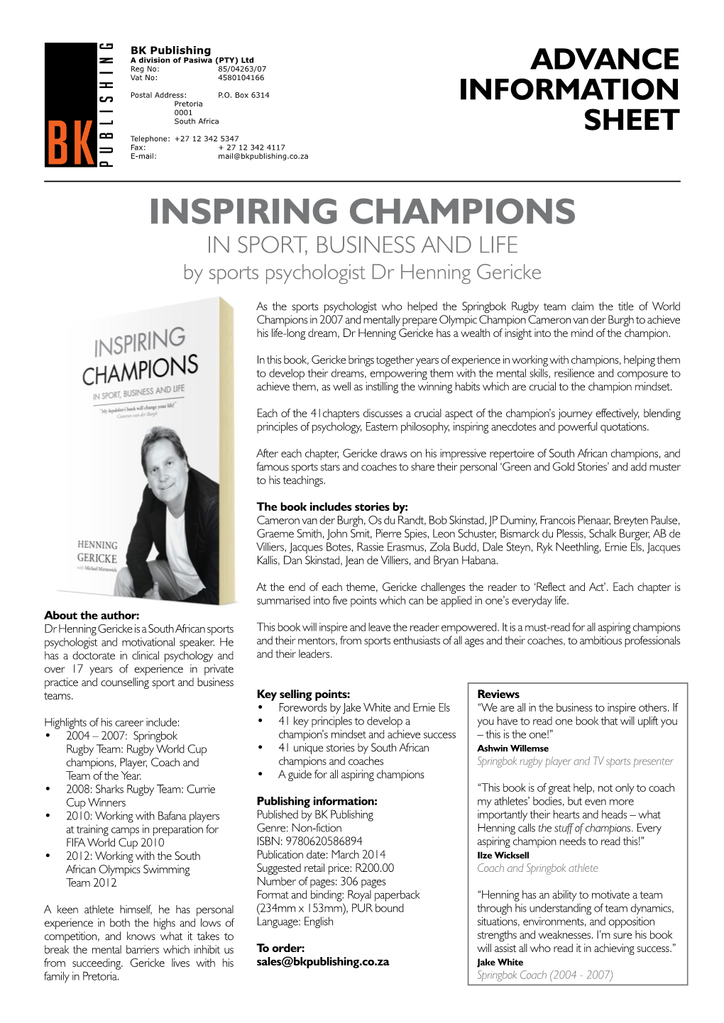 INSPIRING CHAMPIONS in SPORT, BUSINESS and LIFE by Sports Psychologist Dr Henning Gericke