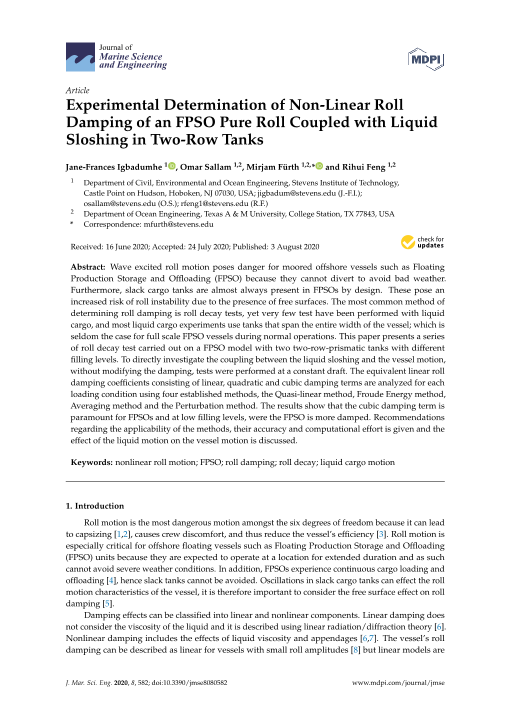 Experimental Determination of Non-Linear Roll Damping of an FPSO Pure Roll Coupled with Liquid Sloshing in Two-Row Tanks