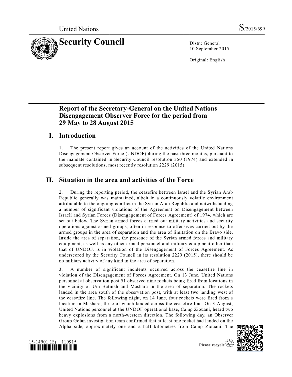 Report of the Secretary-General on the United Nations Disengagement Observer Force for the Period from 29 May to 28 August 2015