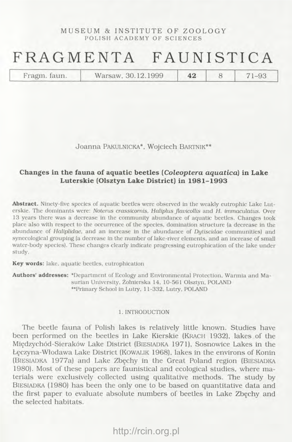Changes in the Fauna of Aquatic Beetles (Coleoptera Aquatica) in Lake Luterskie (Olsztyn Lake District) in 1981-1993