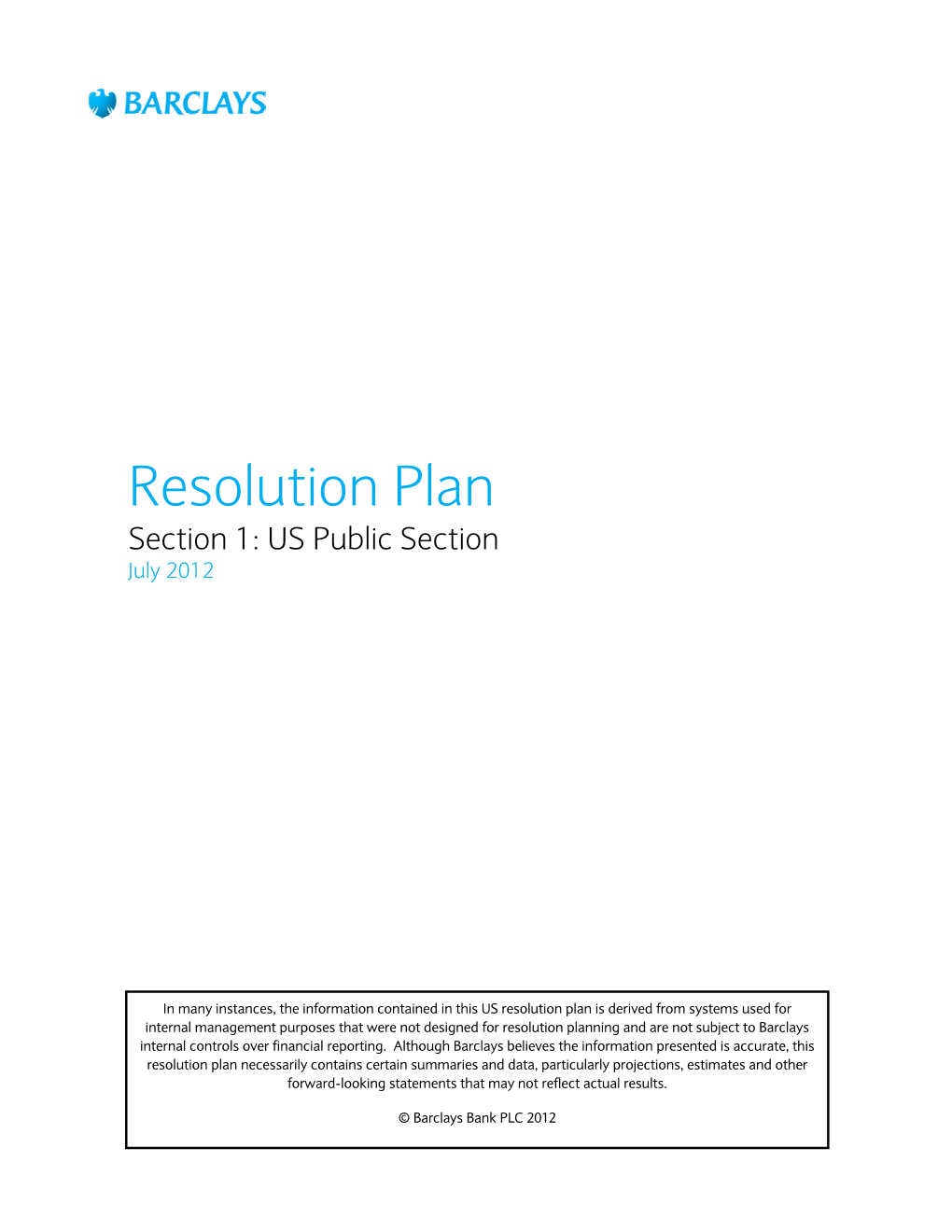 Resolution Plan Section 1: US Public Section July 2012