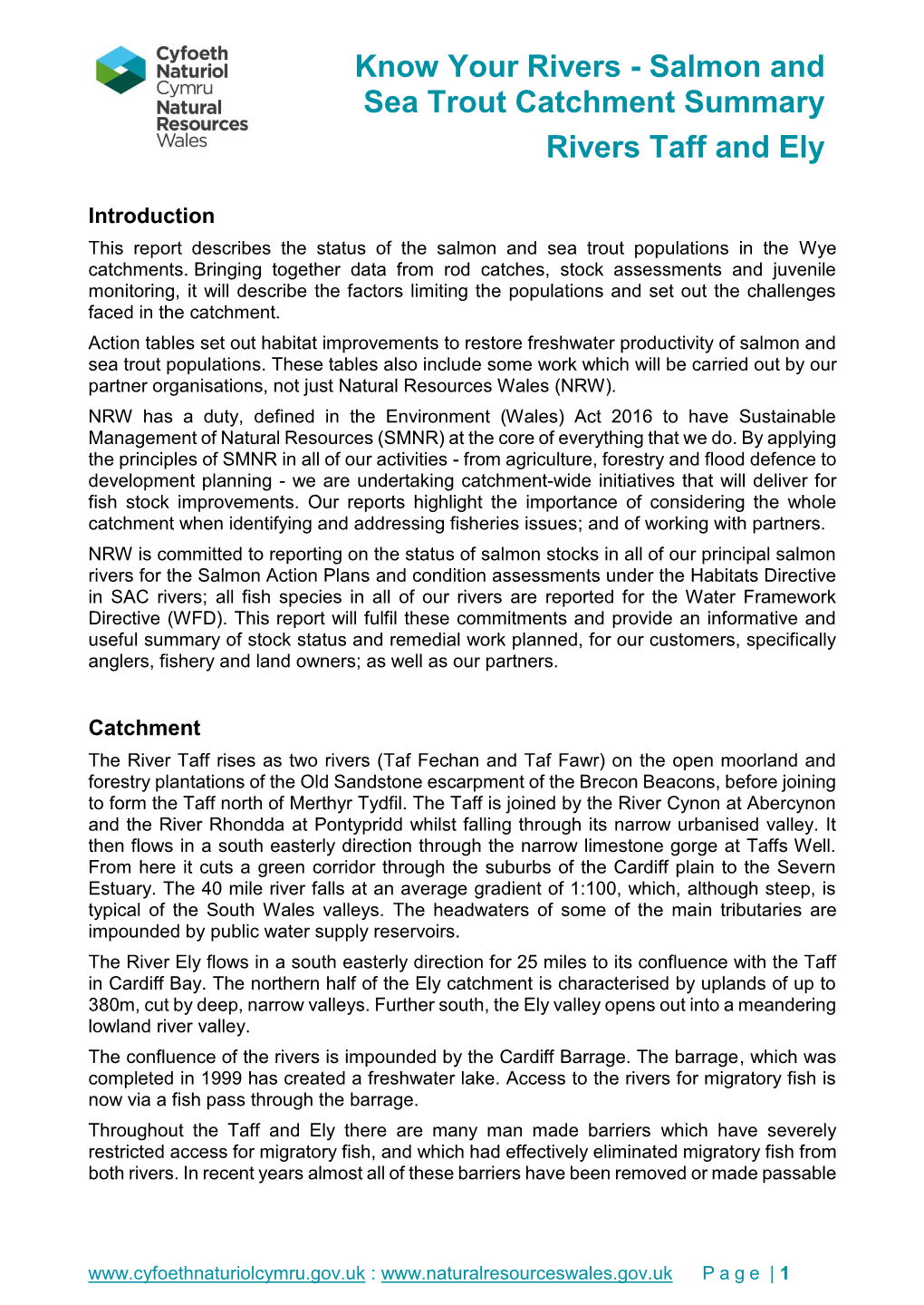 Salmon and Sea Trout Catchment Summary Rivers Taff And