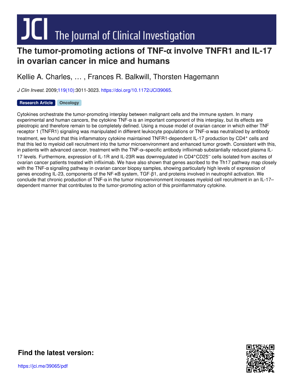 The Tumor-Promoting Actions of TNF-Α Involve TNFR1 and IL-17 in Ovarian Cancer in Mice and Humans