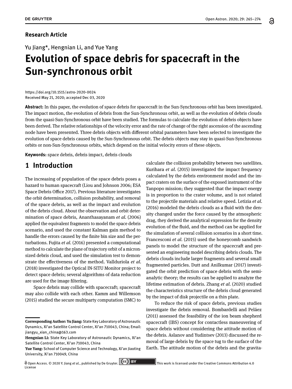 Evolution of Space Debris for Spacecraft in the Sun-Synchronous Orbit