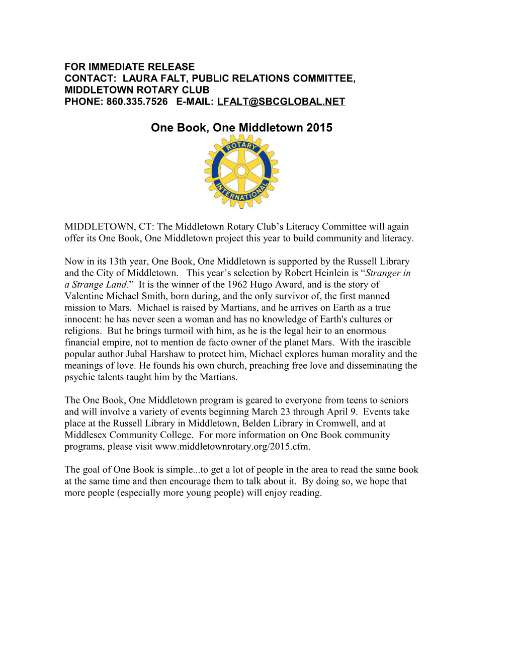 Contact: Laura Falt, Public Relations Committee, Middletown Rotary Club