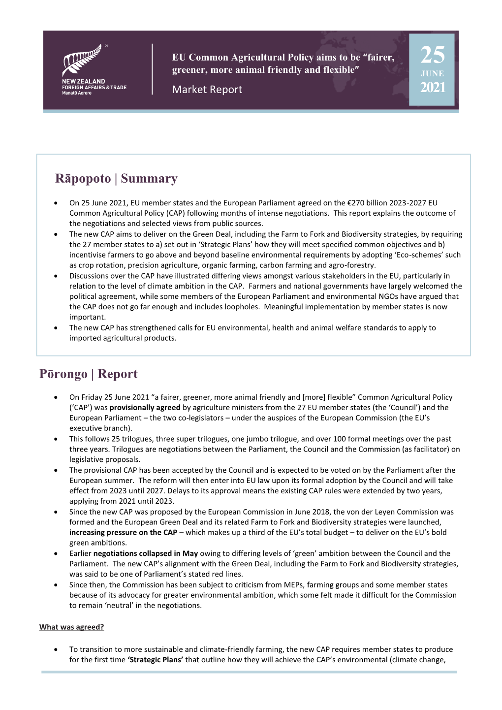 EU Common Agricultural Policy 22 July 2021