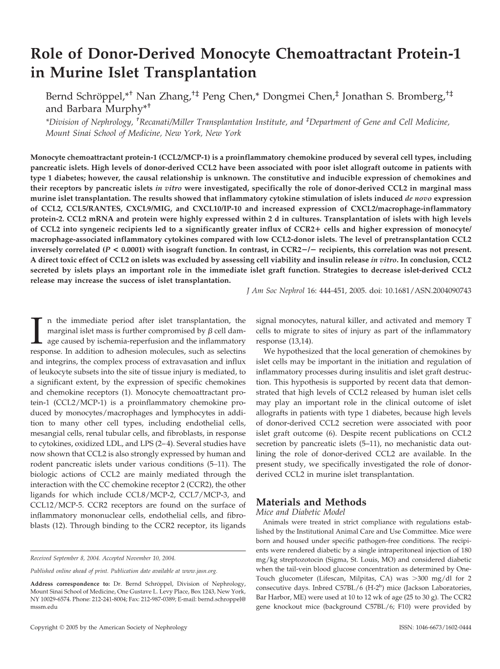 Role of Donor-Derived Monocyte Chemoattractant Protein-1 in Murine Islet Transplantation