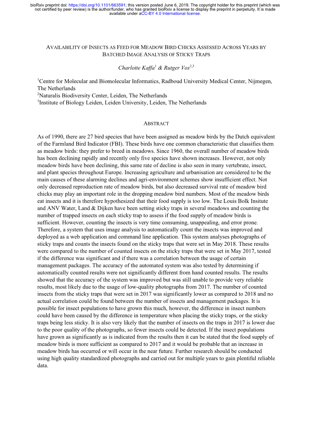 Availability of Insects As Feed for Meadow Bird Chicks Assessed Across Years by Batched Image Analysis of Sticky Traps