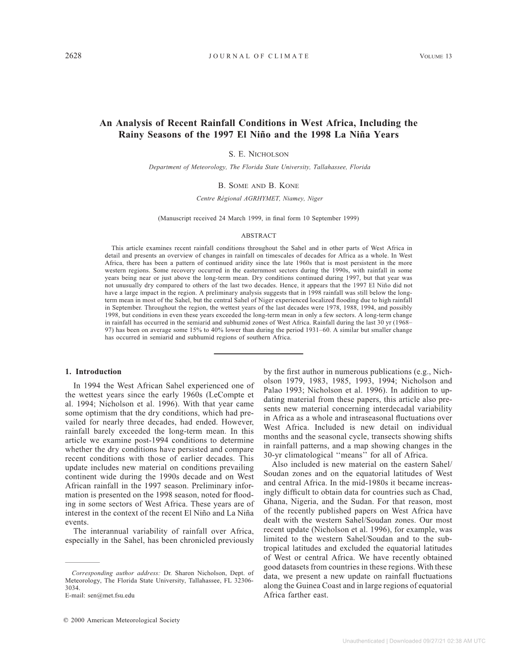 An Analysis of Recent Rainfall Conditions in West Africa, Including the Rainy Seasons of the 1997 El Ninäo and the 1998 La Ninäa Years