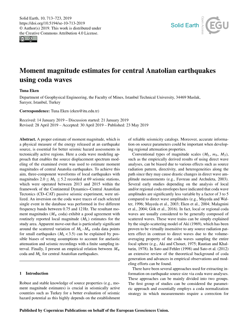 Moment Magnitude Estimates for Central Anatolian Earthquakes Using Coda Waves