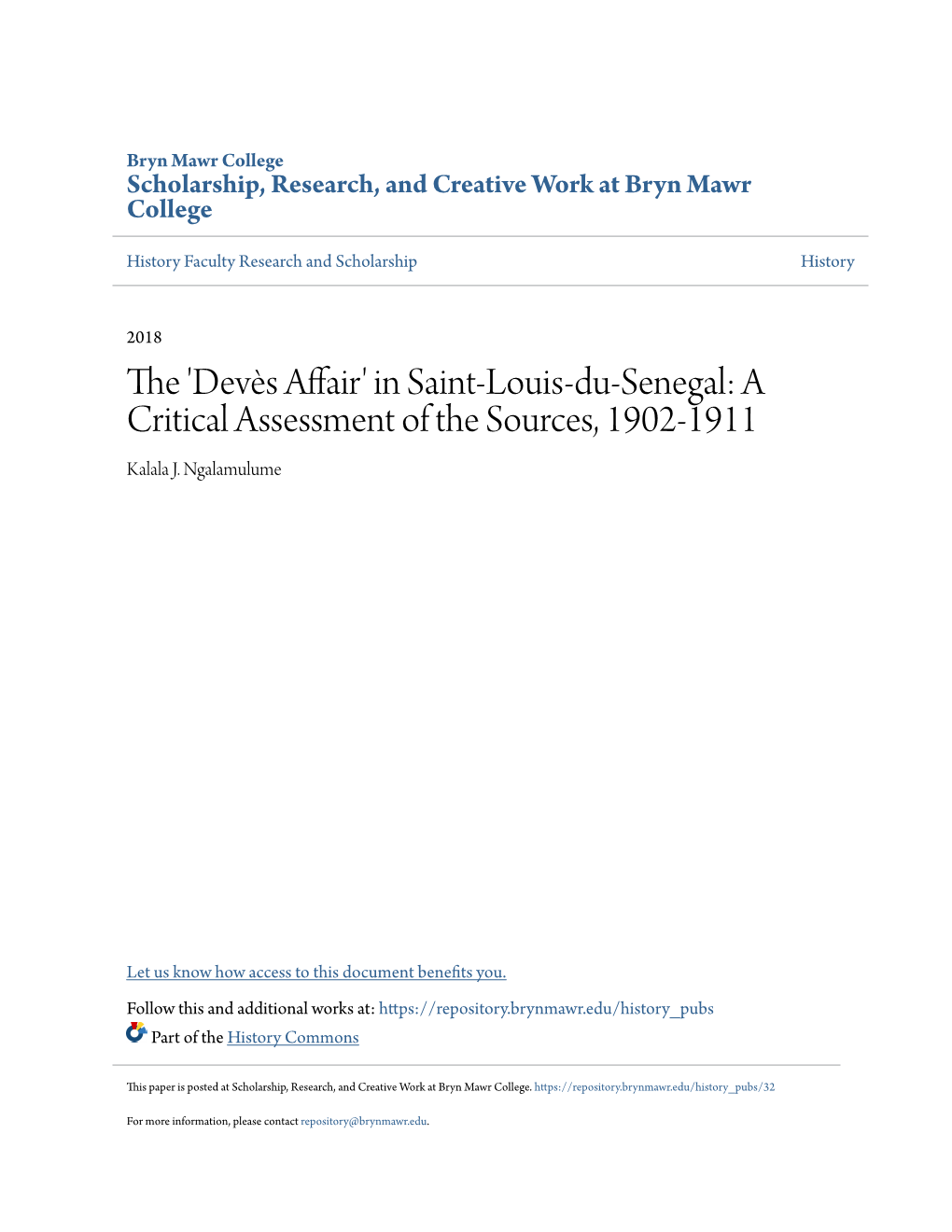 'Devès Affair' in Saint-Louis-Du-Senegal: a Critical Assessment of the Sources, 1902-1911 Kalala J