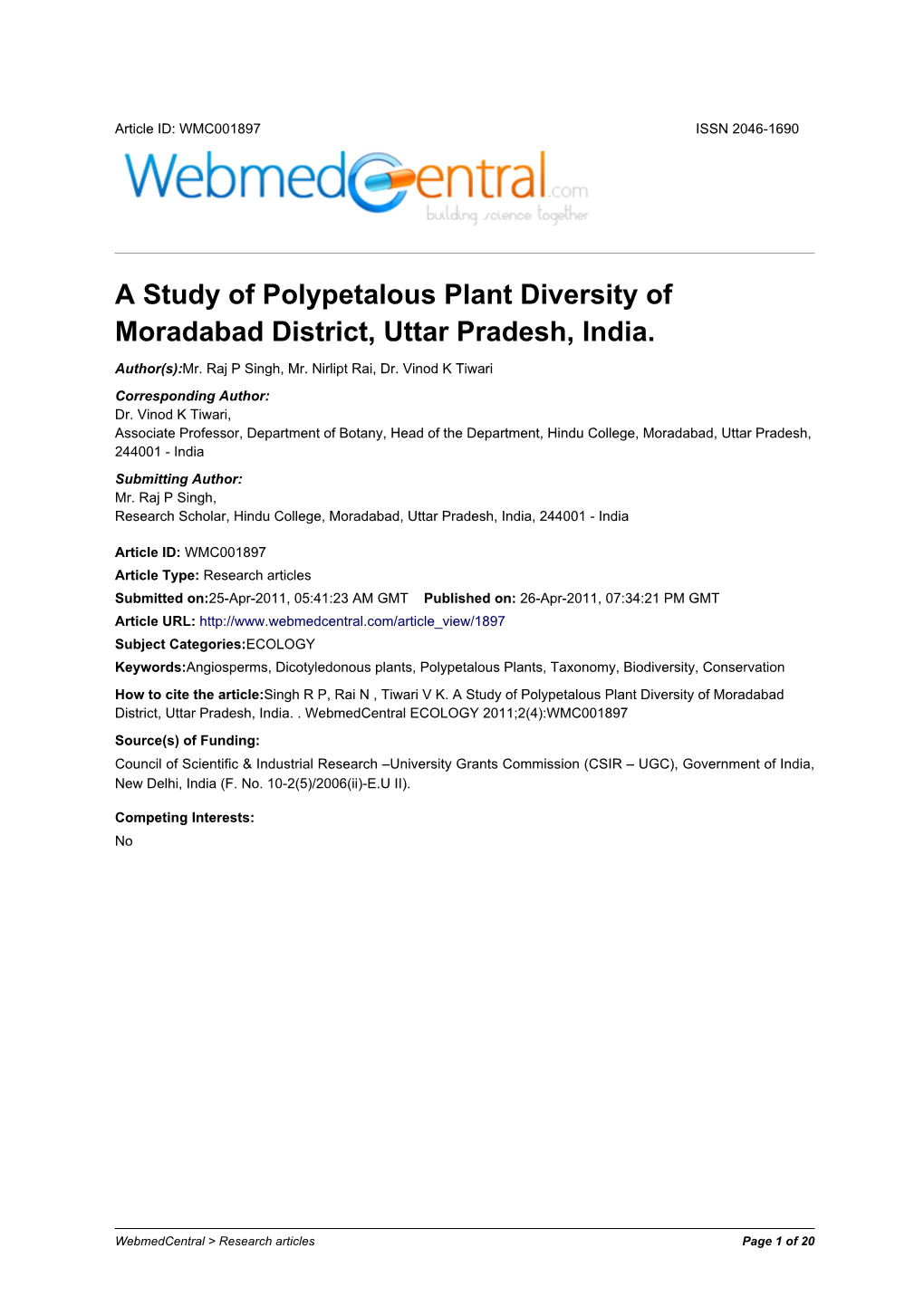 A Study of Polypetalous Plant Diversity of Moradabad District, Uttar Pradesh, India