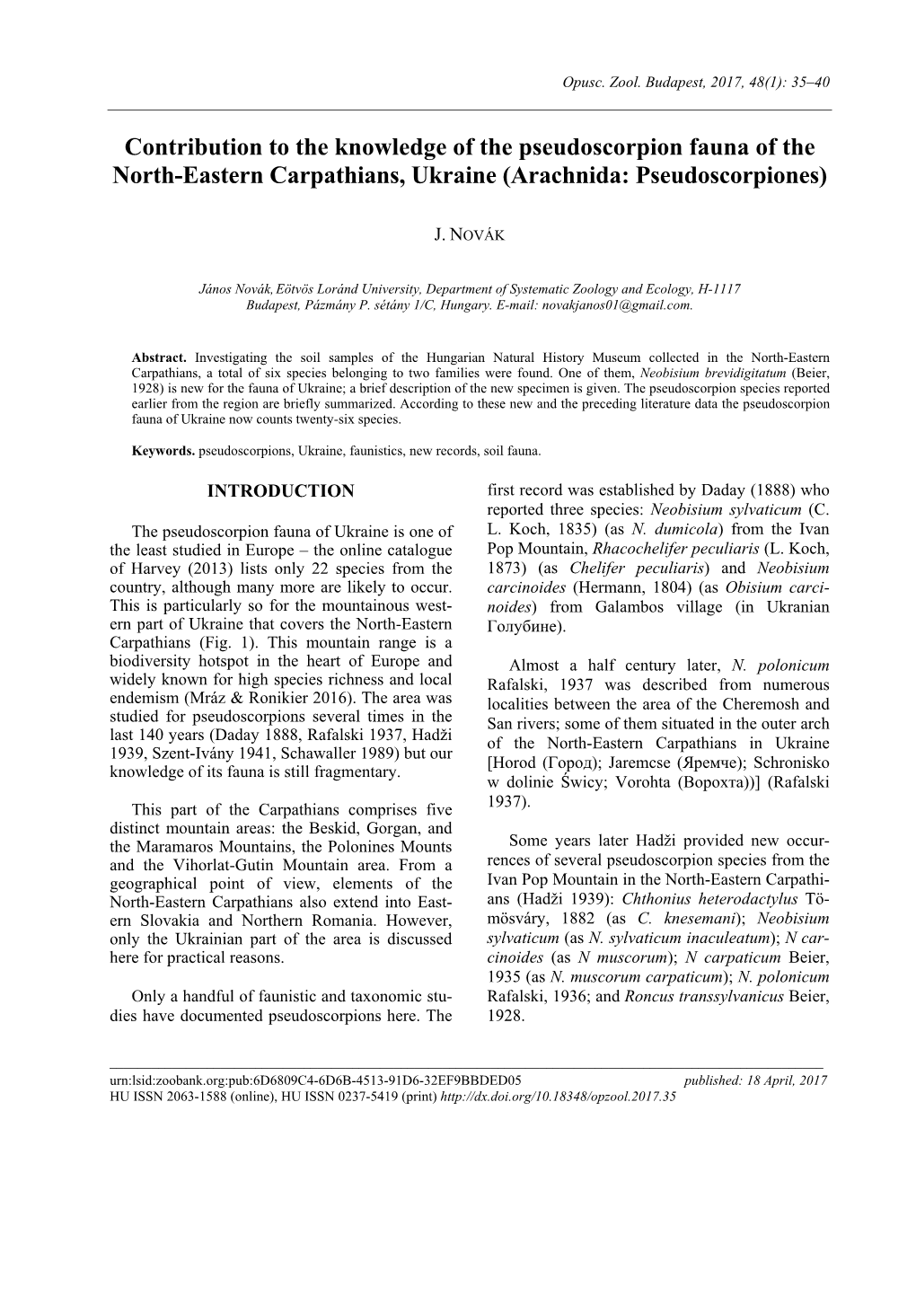 Contribution to the Knowledge of the Pseudoscorpion Fauna of the North-Eastern Carpathians, Ukraine (Arachnida: Pseudoscorpiones)