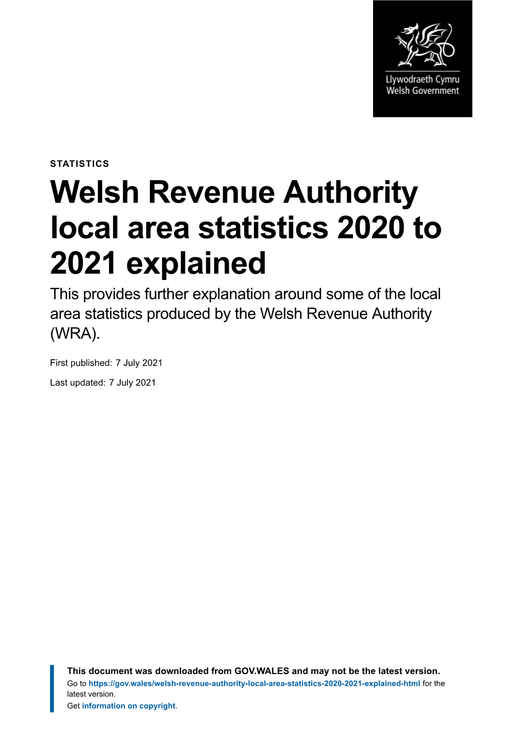 Welsh Revenue Authority Local Area Statistics 2020 To