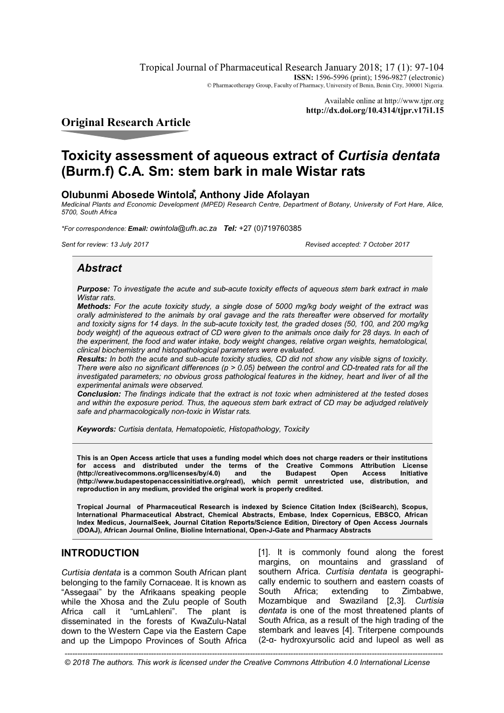 Toxicity Assessment of Aqueous Extract of Curtisia Dentata (Burm.F) C.A