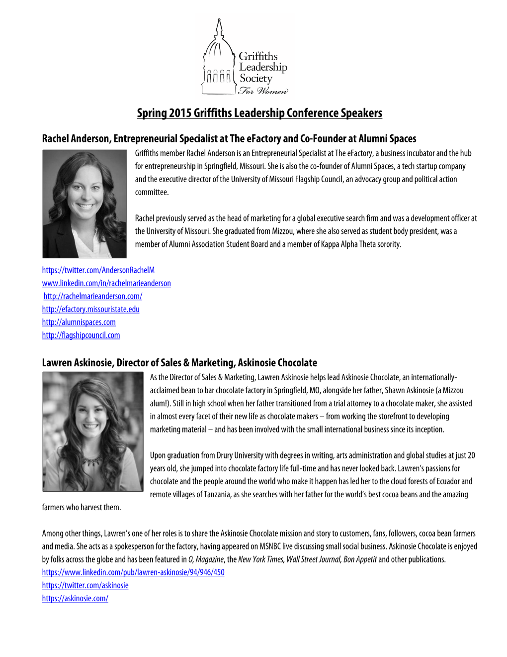 Spring 2015 Griffiths Leadership Conference Speakers
