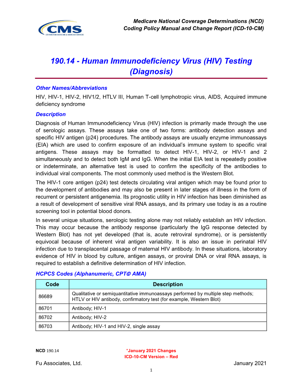 190.14 - Human Immunodeficiency Virus (HIV) Testing (Diagnosis)