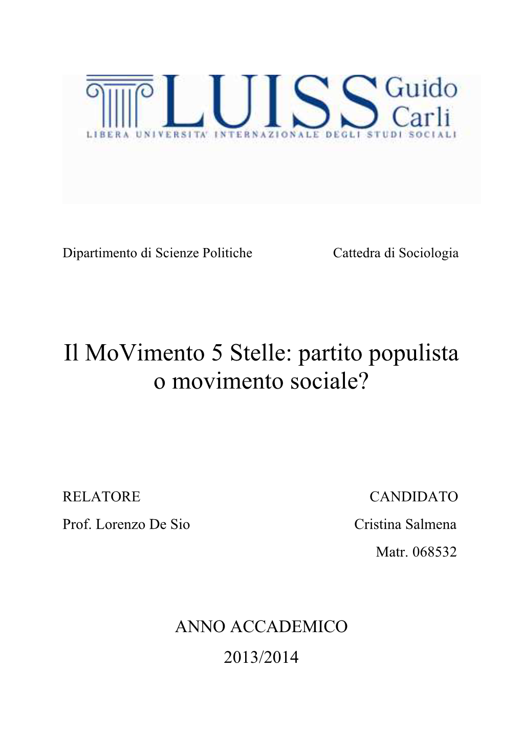 Il Movimento 5 Stelle: Partito Populista O Movimento Sociale?