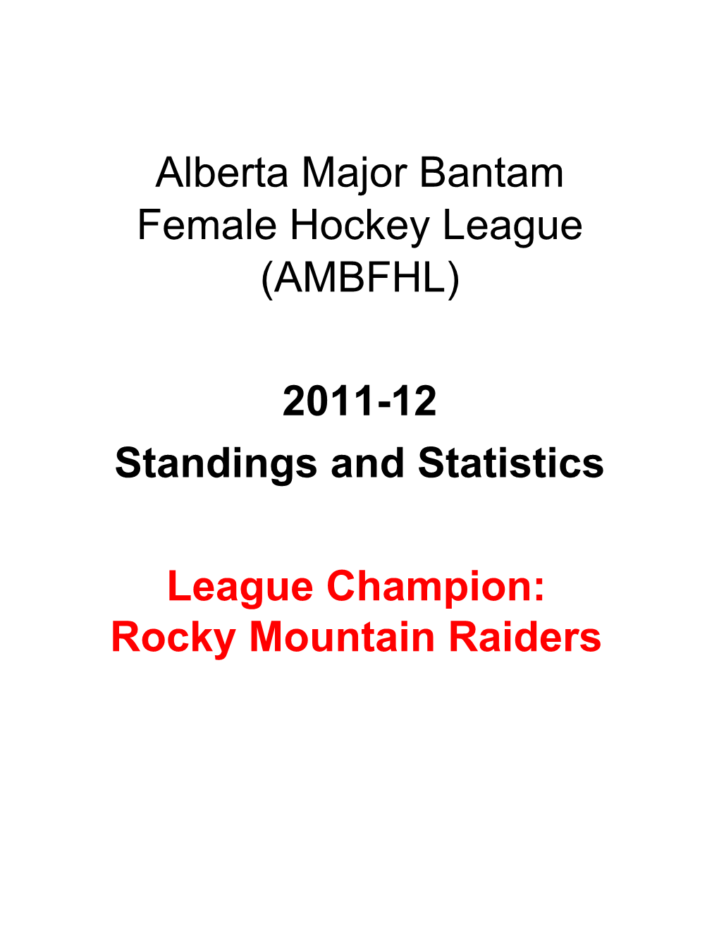Alberta Major Bantam Female Hockey League (AMBFHL) 2011-12