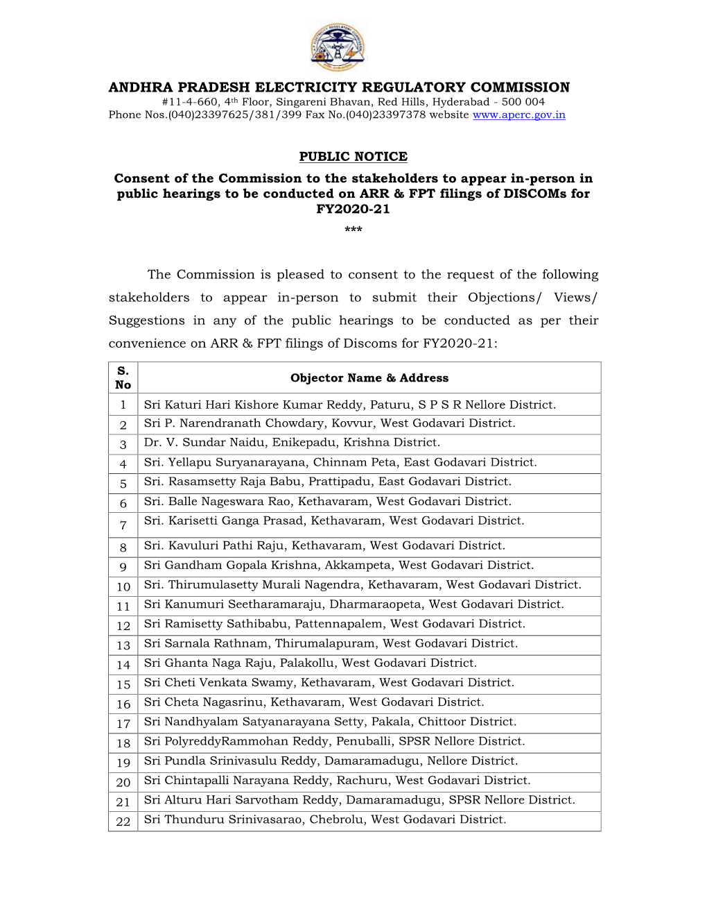 Views/ Suggestions in Any of the Public Hearings to Be Conducted As Per Their Convenience on ARR & FPT Filings of Discoms for FY2020-21