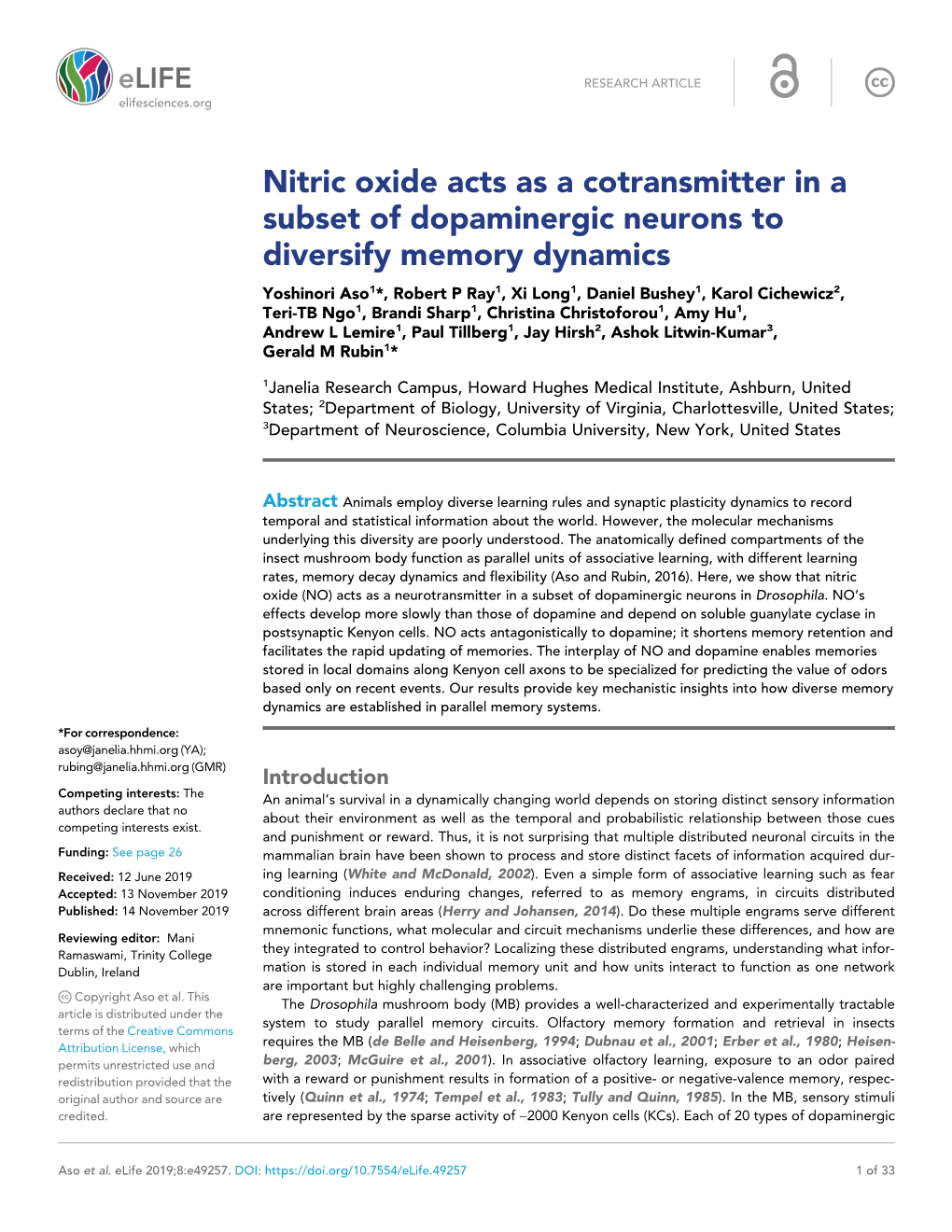 Nitric Oxide Acts As a Cotransmitter in a Subset of Dopaminergic Neurons To