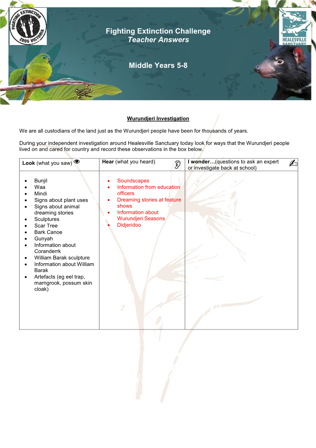 Fighting Extinction Challenge Teacher Answers Middle Years