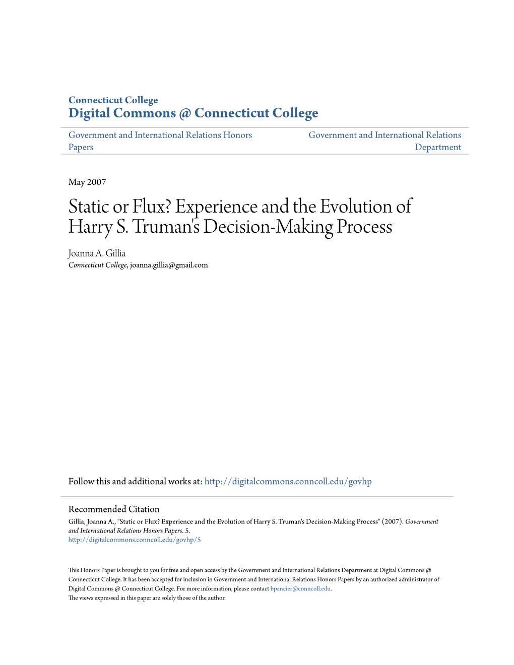 Experience and the Evolution of Harry S. Truman's Decision-Making Process Joanna A