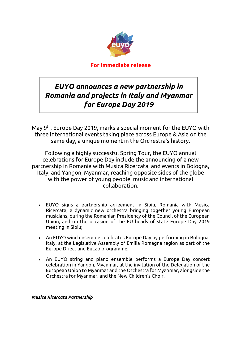 EUYO Announces a New Partnership in Romania and Projects in Italy and Myanmar