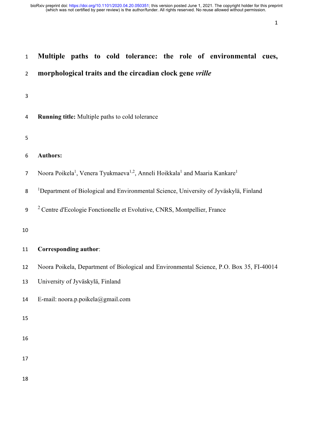 Multiple Paths to Cold Tolerance: the Role of Environmental Cues