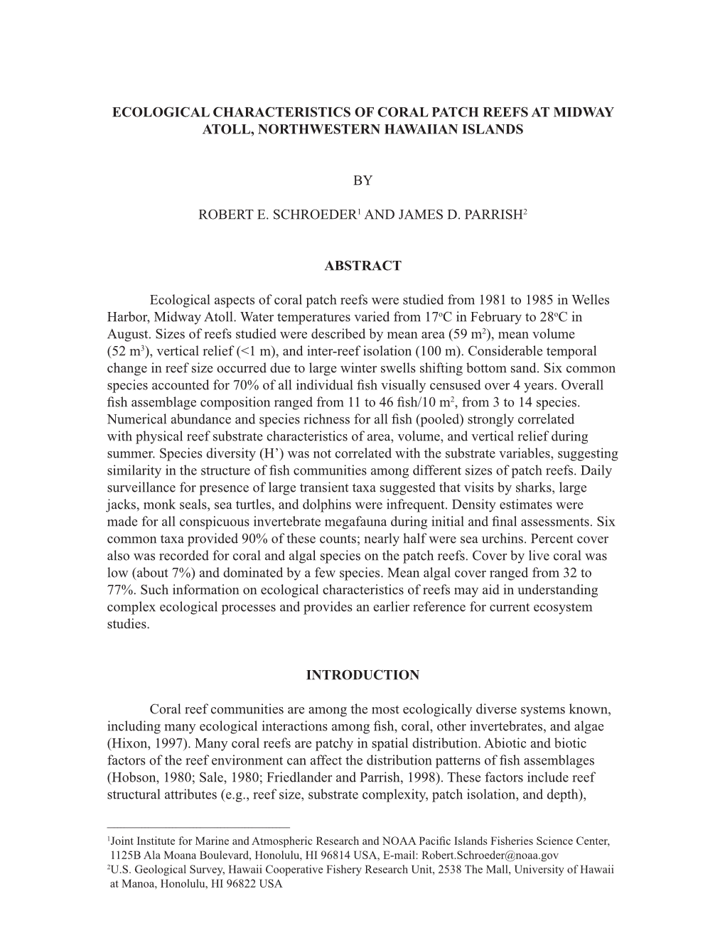 Ecological Characteristics of Coral Patch Reefs at Midway Atoll, Northwestern Hawaiian Islands