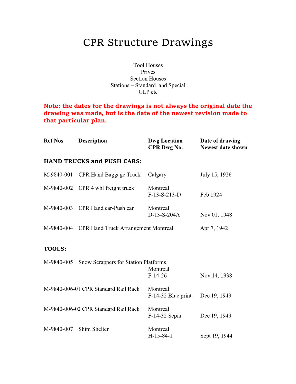 CPR Structure Drawings