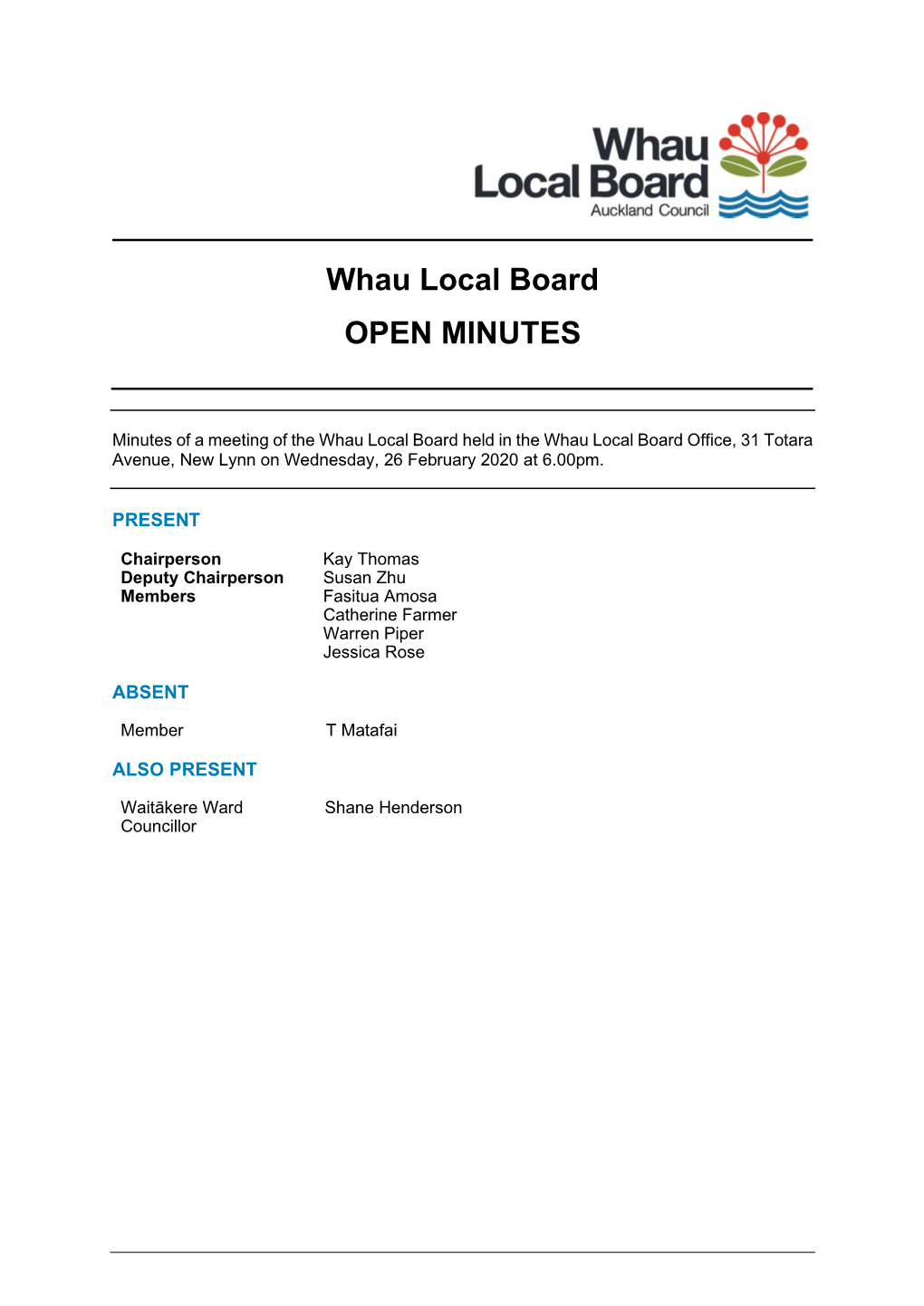 Minutes of Whau Local Board