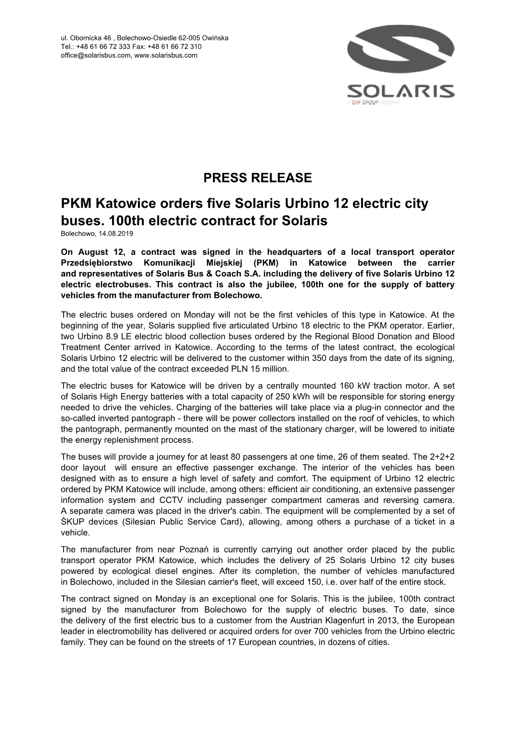 PRESS RELEASE PKM Katowice Orders Five Solaris Urbino 12