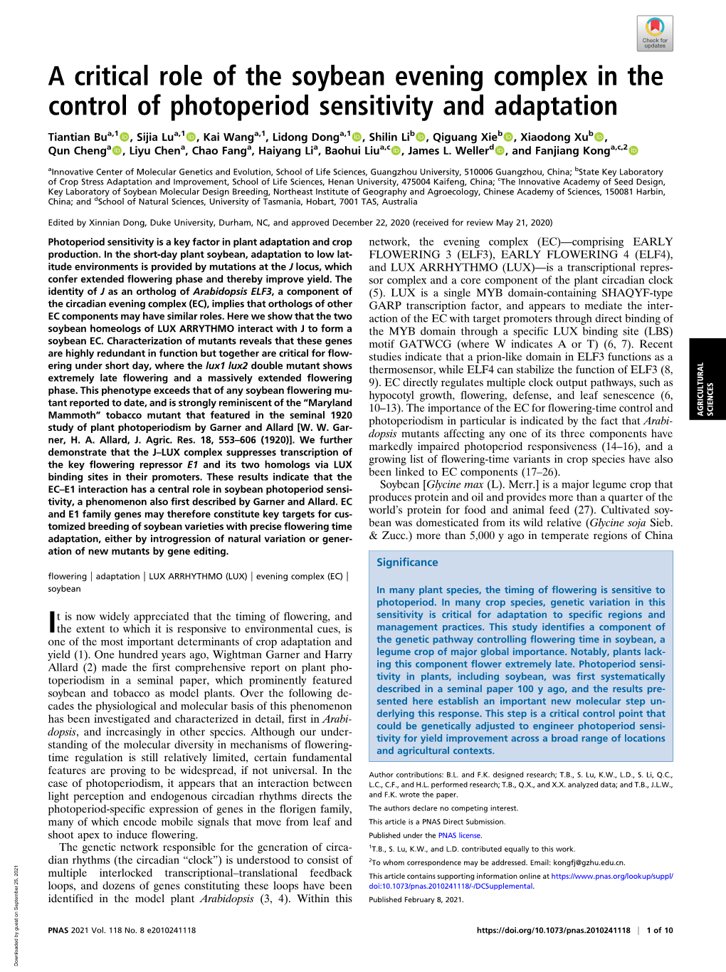 A Critical Role of the Soybean Evening Complex in the Control of Photoperiod Sensitivity and Adaptation