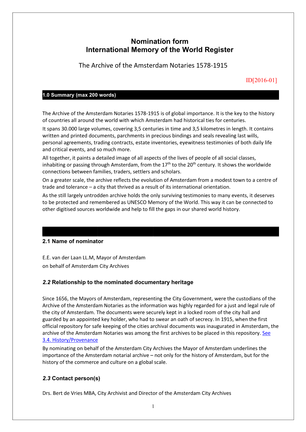 Nomination Form International Memory of the World Register