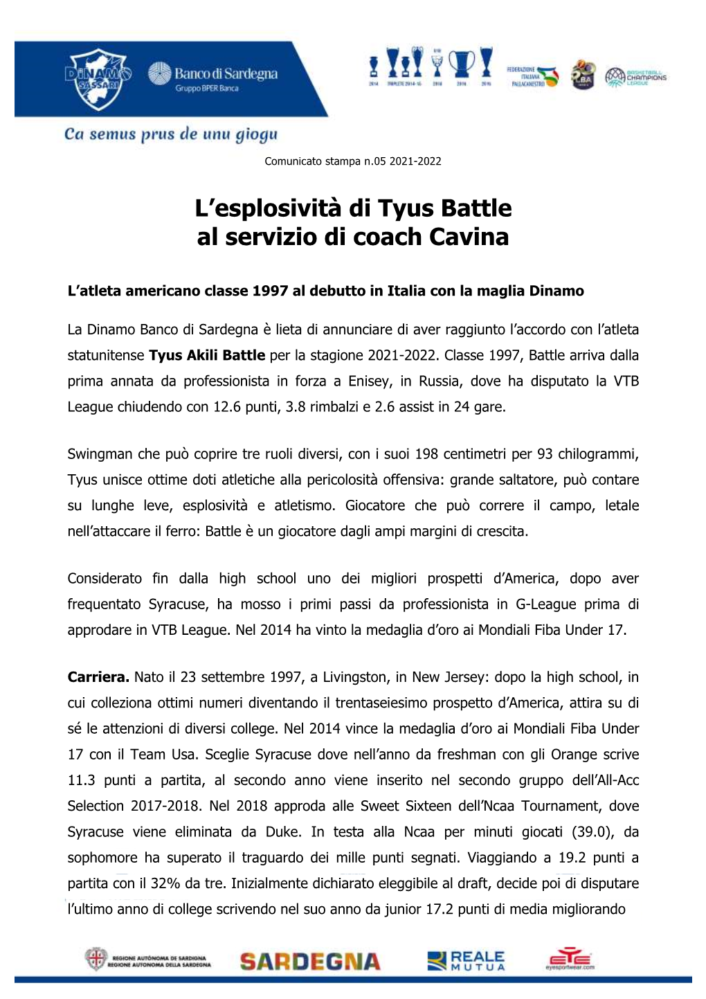 L׳Esplosività Di Tyus Battle Al Servizio Di Coach Cavina
