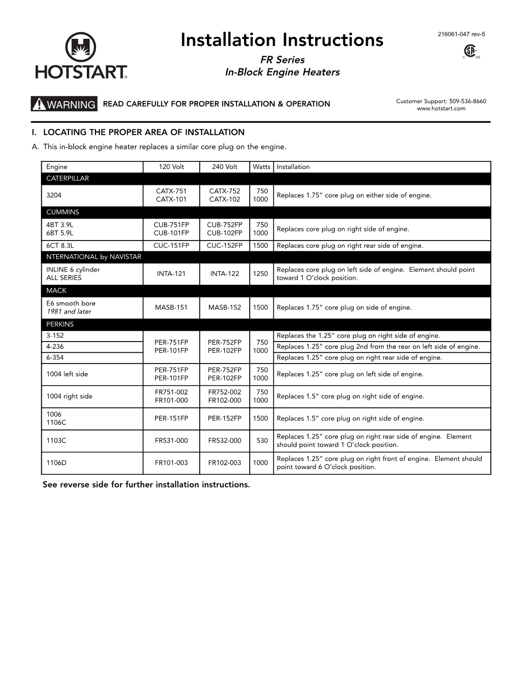 Installation Instructions 216061-047 Rev-5 FR Series C US In-Block Engine Heaters