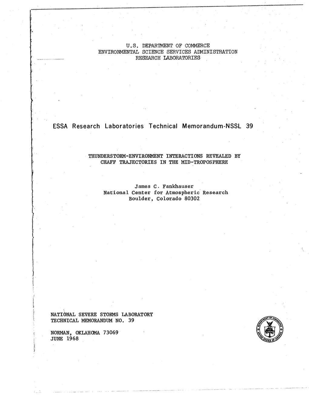 U.S. DEPARTMENT of COMMERCE ENVIRONMENTAL SCIENCE SERVICES ADMINISTRATION RESEARCH LABORATORIES ESSA Research Laboratories Techn